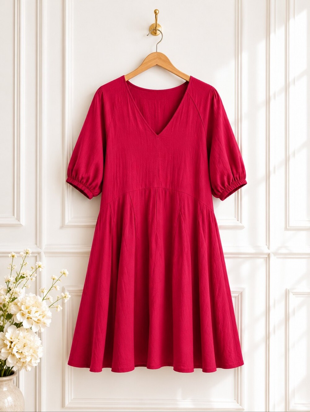 Universal Thread Cotton Blend Fit & Flare Dress | XL | Puff Sleeve V-Neck - Picture 5 of 8